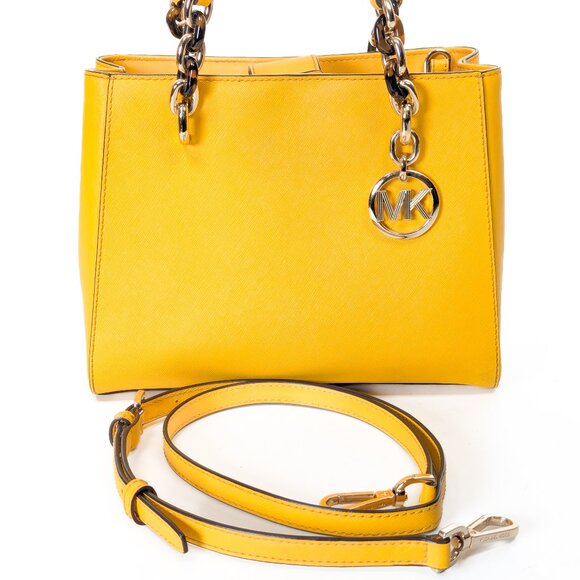 MK MICHAEL KORS Saffiano Leather Satchel Shoulder Strap Bag Yellow - Picture 3 of 16